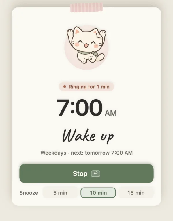 The ringing alarm slip: 7:00 AM, a Stop button and snooze for 5, 10 or 15 minutes
