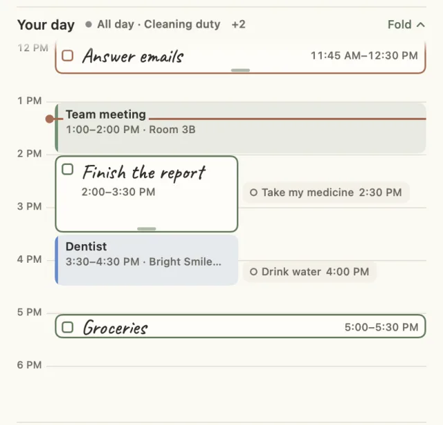 The unfolded day timetable: events as color blocks and to-dos outlined in green