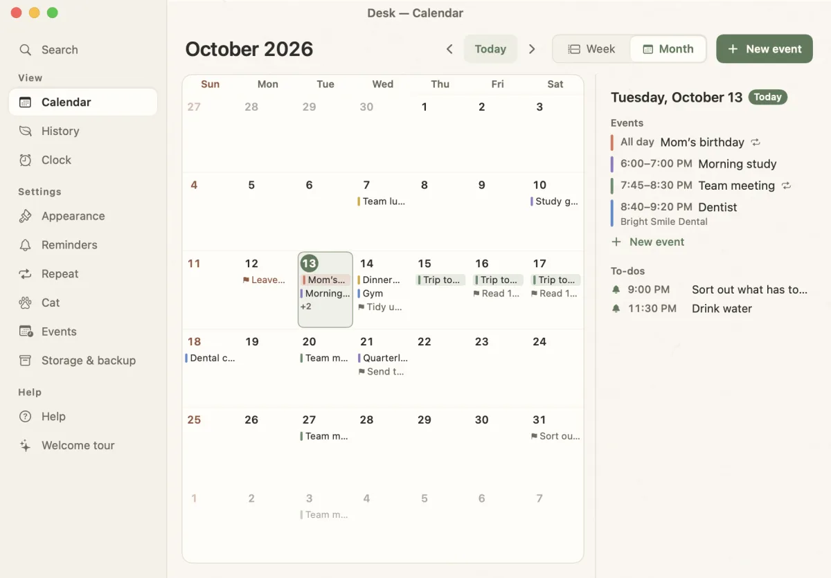 The Desk window's calendar: a month view with the selected day's events on the right