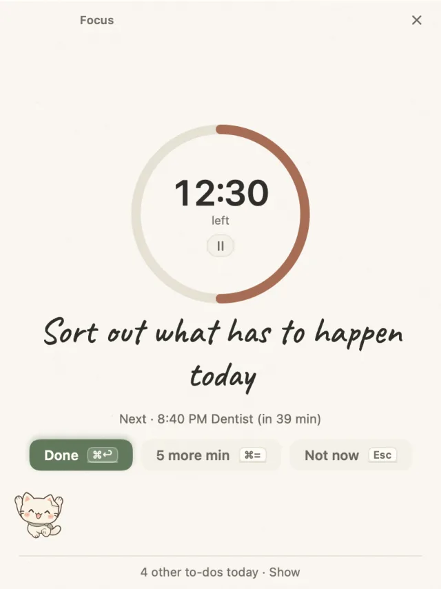 The focus card: a ring of time left around one to-do