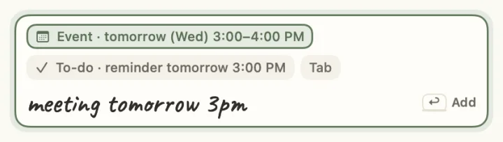 The input line reading a typed event, with an ‘Event’ chip above it