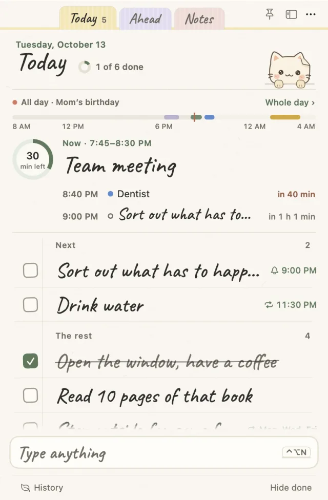 The Jongi-nyang note on a Mac: the day strip shows ‘Team meeting’ now with 30 minutes left, then what's next and today's list