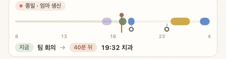 하루 띠 1차: 카드 안의 막대와 ‘지금 팀 회의 → 40분 뒤 치과’ 문장
